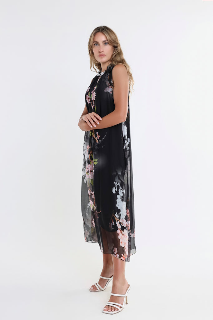 DT230F-001 Black Floral Madison Silk Shoulder Tie Dress