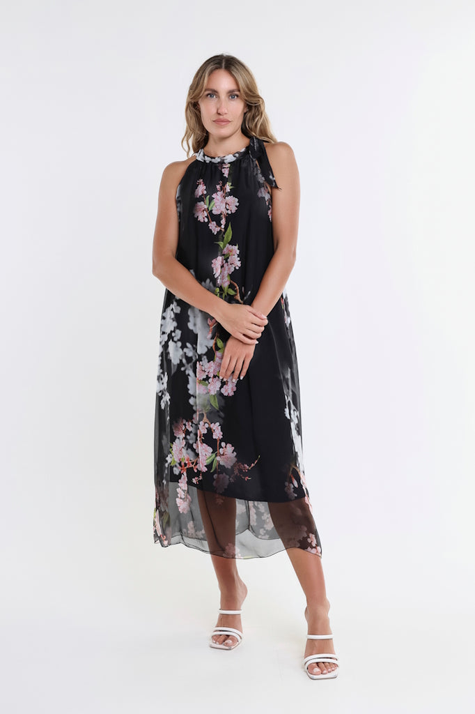 DT230F-001 Black Floral Madison Silk Shoulder Tie Dress