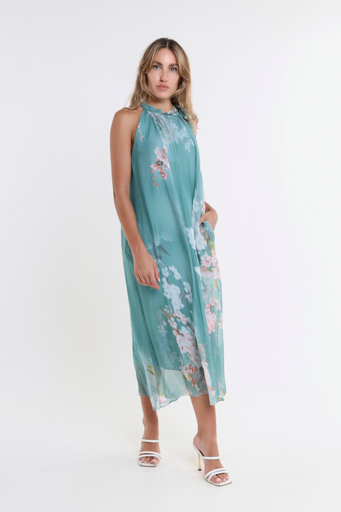 DT230F-324 Lake Floral Madison Silk Shoulder Tie Dress