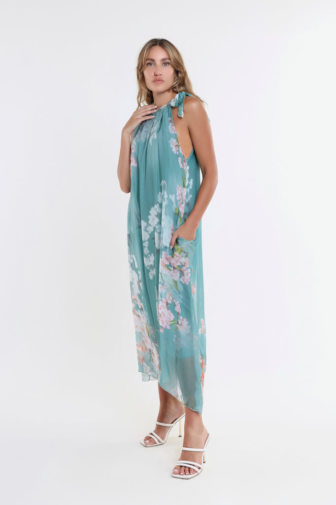 DT230F-324 Lake Floral Madison Silk Shoulder Tie Dress