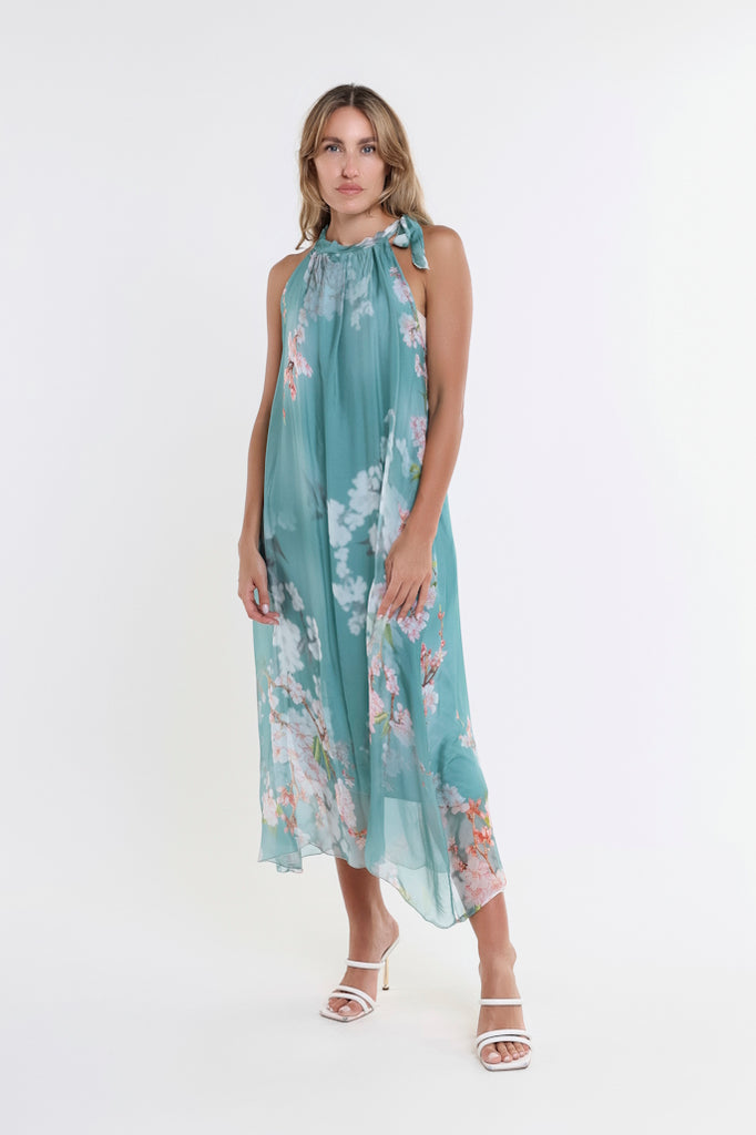 DT230F-324 Lake Floral Madison Silk Shoulder Tie Dress