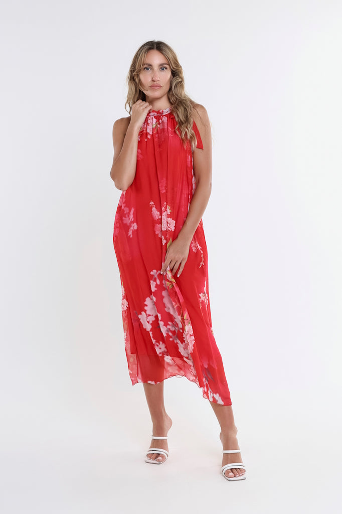 DT230F-600 Red Floral Madison Silk Shoulder Tie Dress