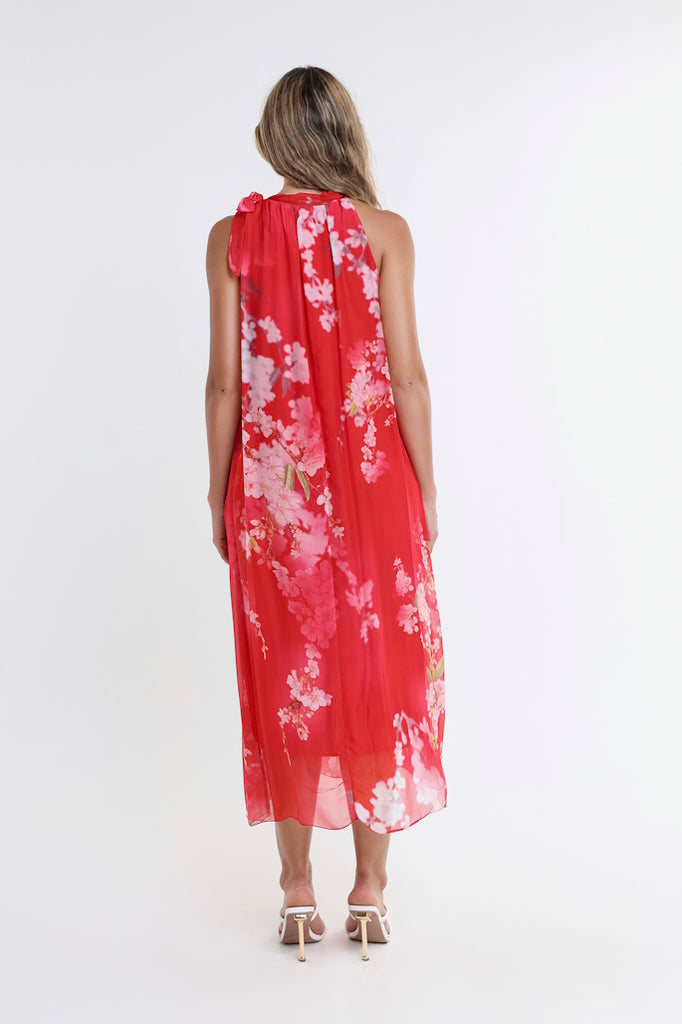 DT230F-600 Red Floral Madison Silk Shoulder Tie Dress