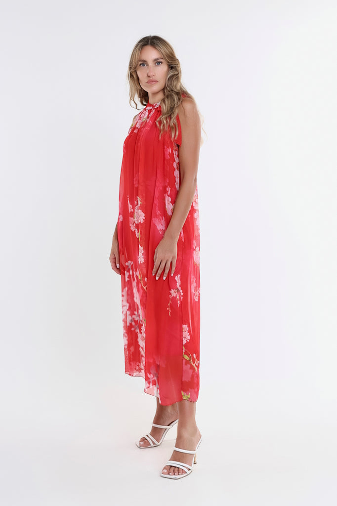 DT230F-600 Red Floral Madison Silk Shoulder Tie Dress