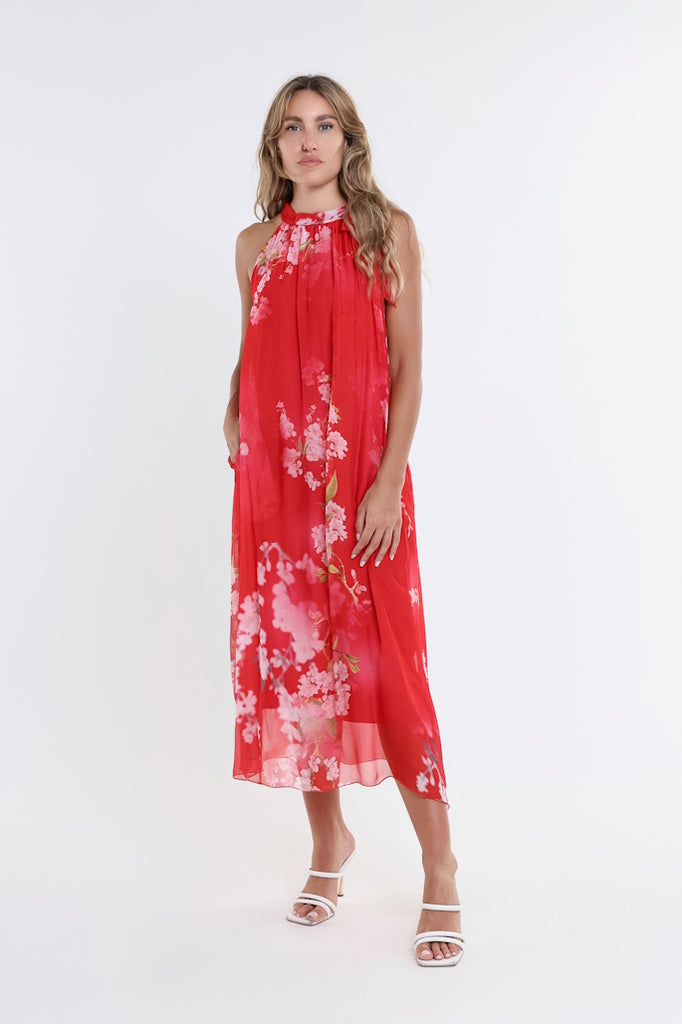 DT230F-600 Red Floral Madison Silk Shoulder Tie Dress