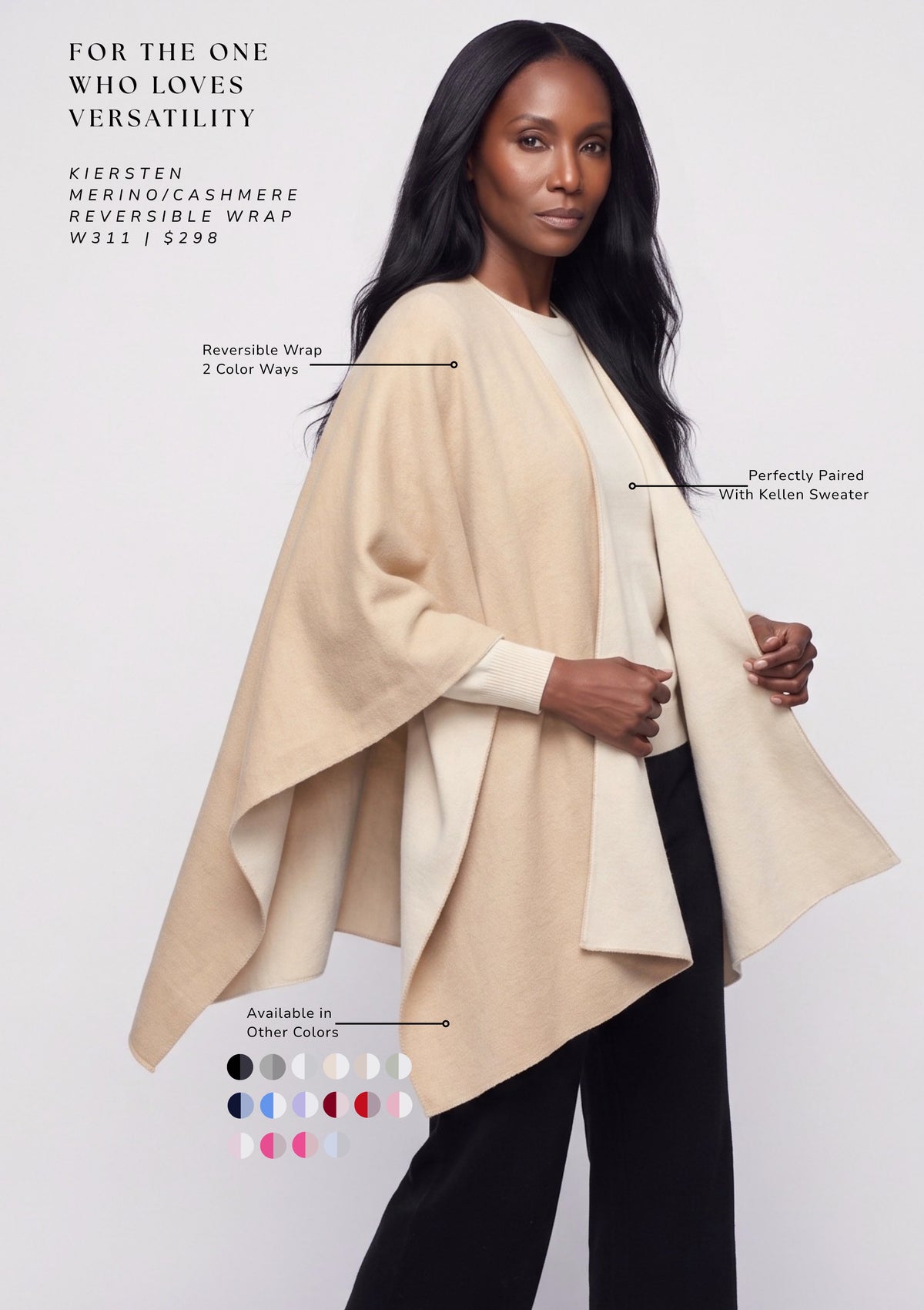 A woman modeling a Kiersten reversible wrap cape in a light beige color, styled over a cream sweater and black pants against a light gray background. The image includes text overlays describing the product features and a color swatch grid at the bottom.