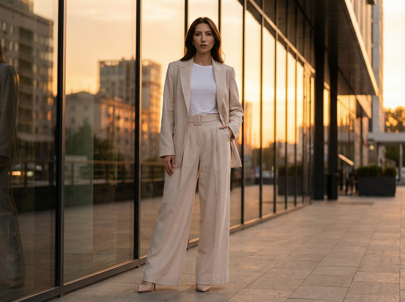 Woman in a beige suit standing in front of a modern building with sunset reflections.