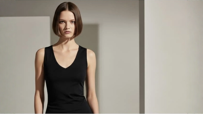 Woman wearing a black sleeveless top against a plain background