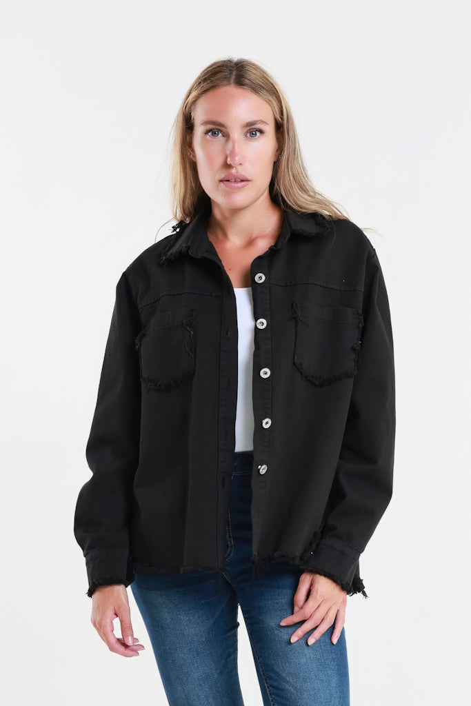 JLS103-001 Black Peyton Raw Edge Jean Jacket