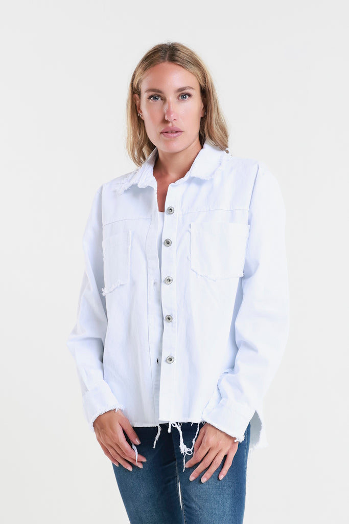 JLS103-100 White Peyton Raw Edge Jean Jacket