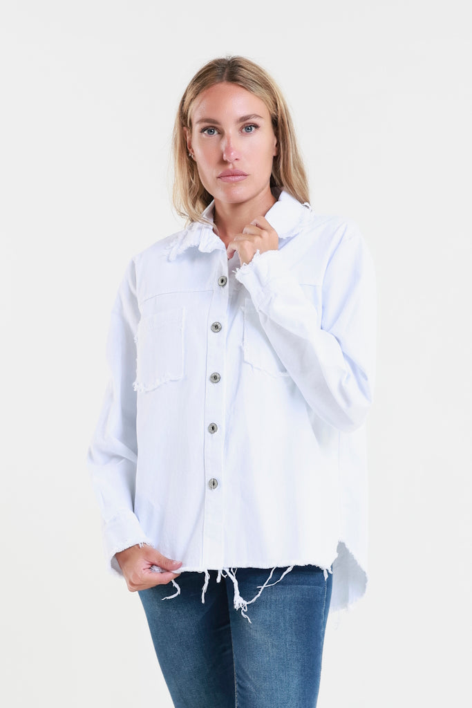 JLS103-100 White Peyton Raw Edge Jean Jacket