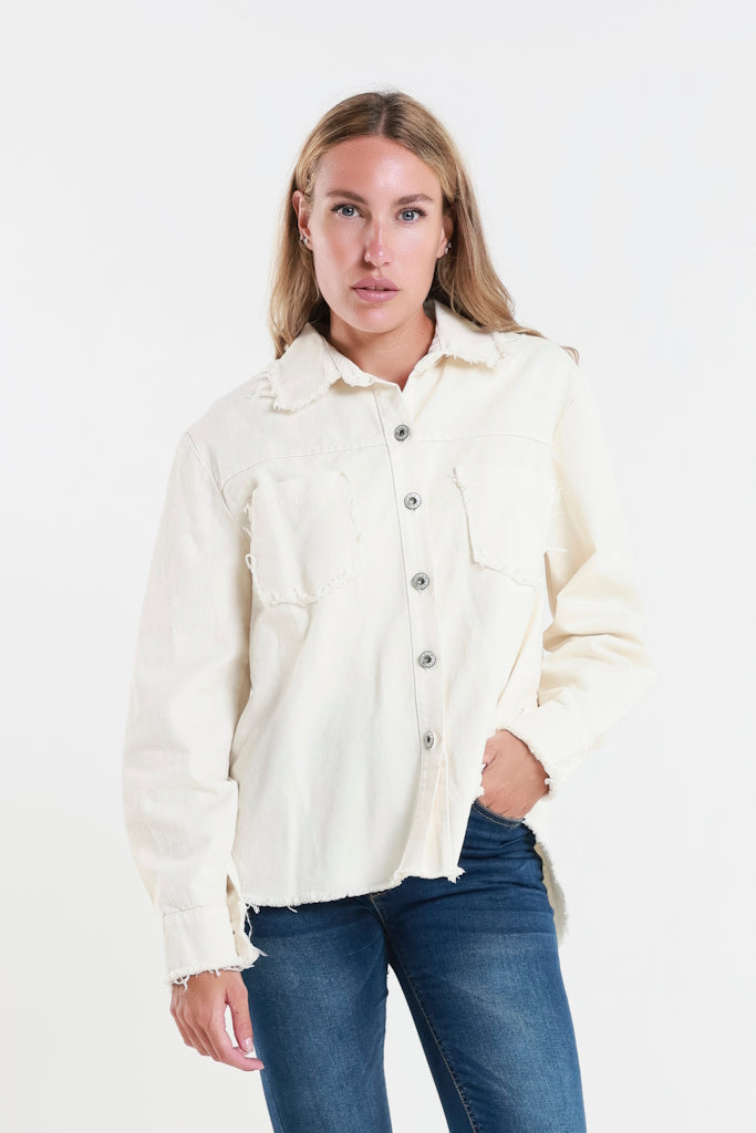 JLS103-105 Cream Peyton Raw Edge Jean Jacket