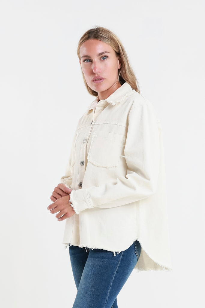 JLS103-105 Cream Peyton Raw Edge Jean Jacket