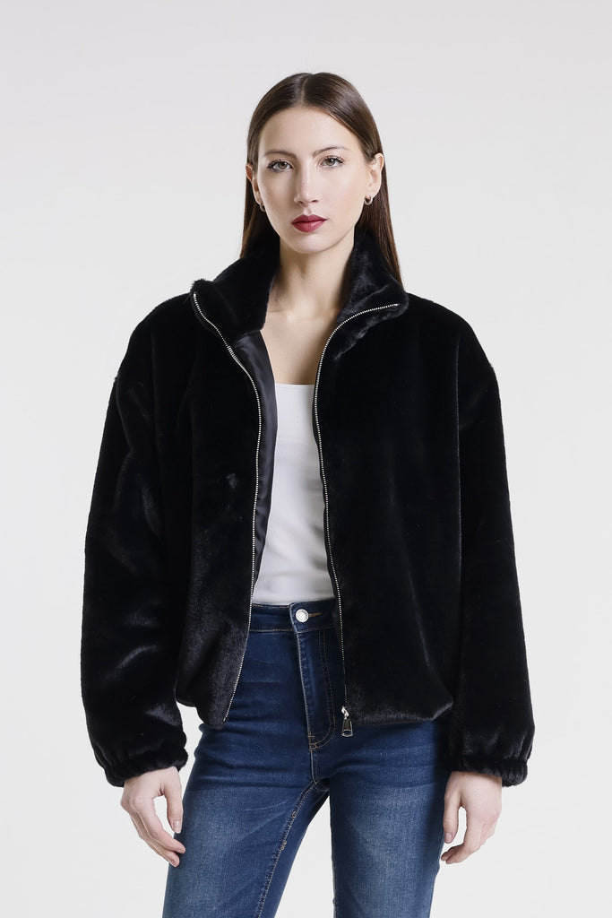 JLS512 001 Black Nadia Faux Mink Bomber Jacket-1