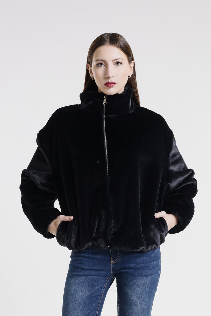 JLS512 001 Black Nadia Faux Mink Bomber Jacket-2