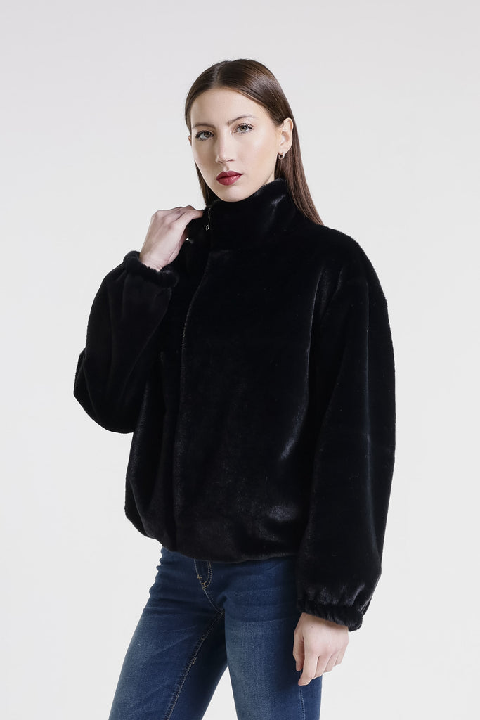 JLS512 001 Black Nadia Faux Mink Bomber Jacket-3