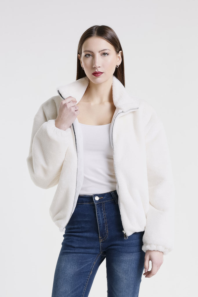 JLS512 100 White Nadia Faux Mink Bomber Jacket-1