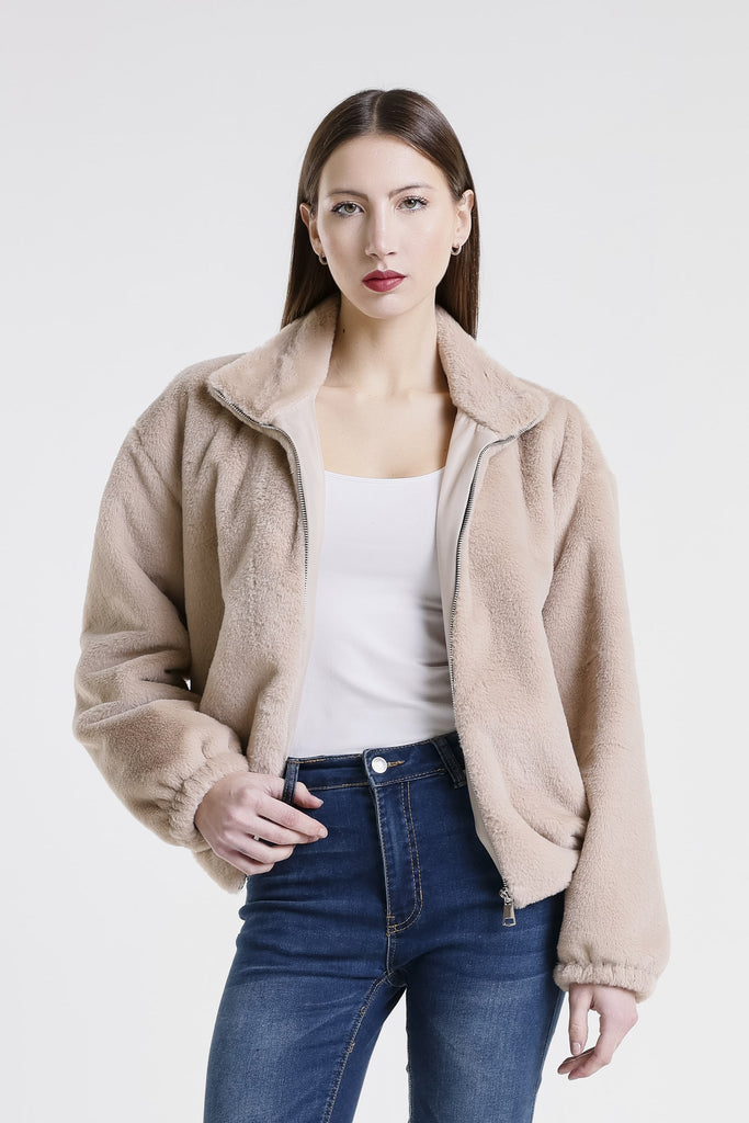 JLS512 250 Beige Nadia Faux Mink Bomber Jacket-1