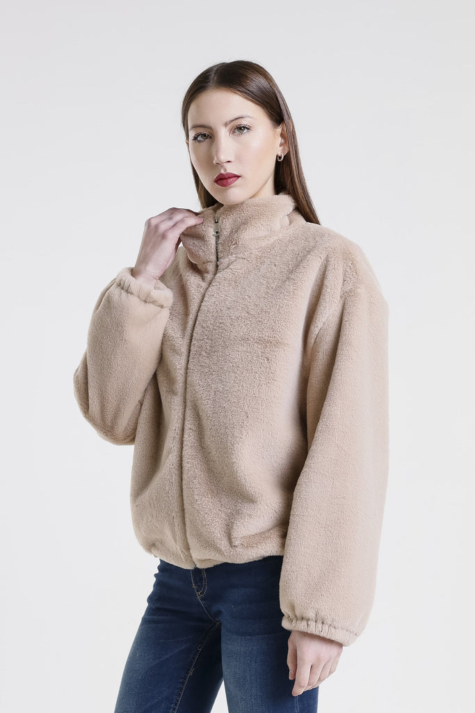 JLS512 250 Beige Nadia Faux Mink Bomber Jacket-3