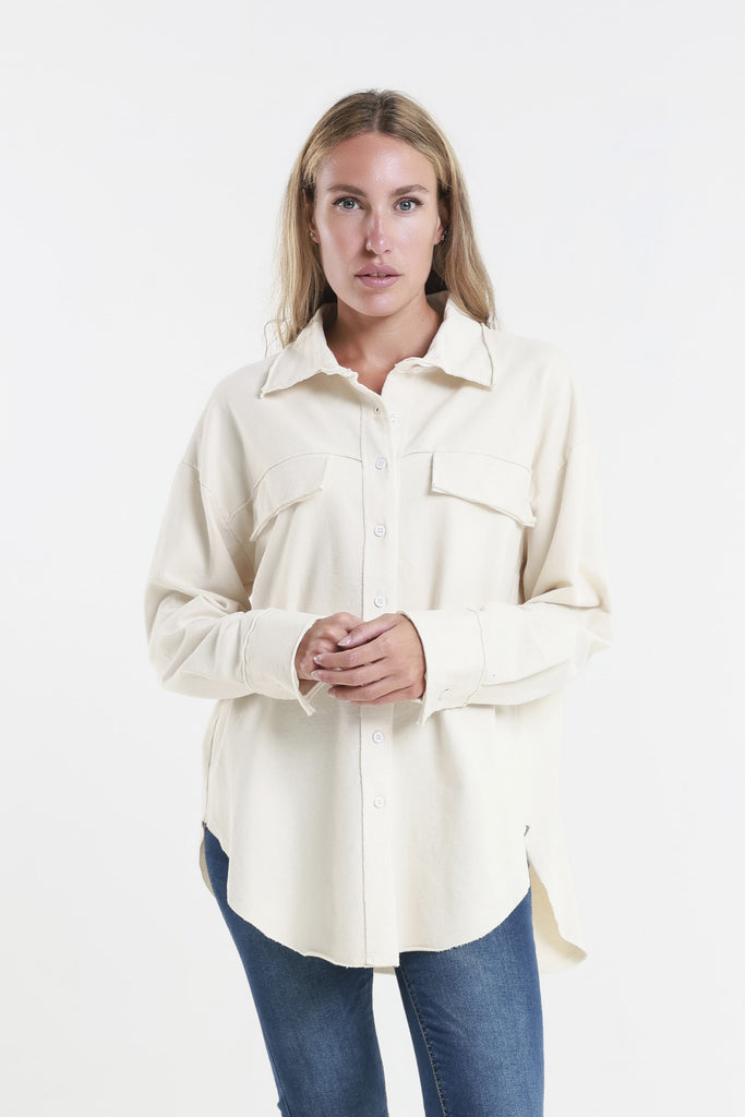 JQ106 105 Cream Rhonda French Terry Shacket Front 2