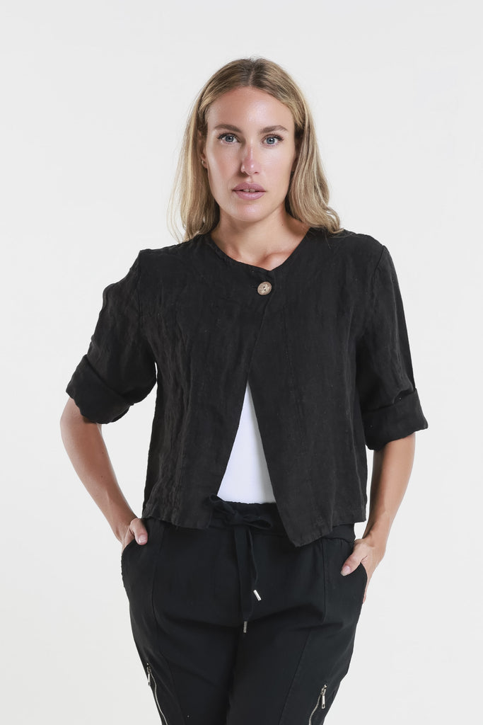 JQ115 001 Black Keri Single Button Linen Crop Jacket Size-1