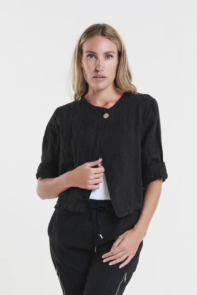 JQ115 001 Black Keri Single Button Linen Crop Jacket Size-2