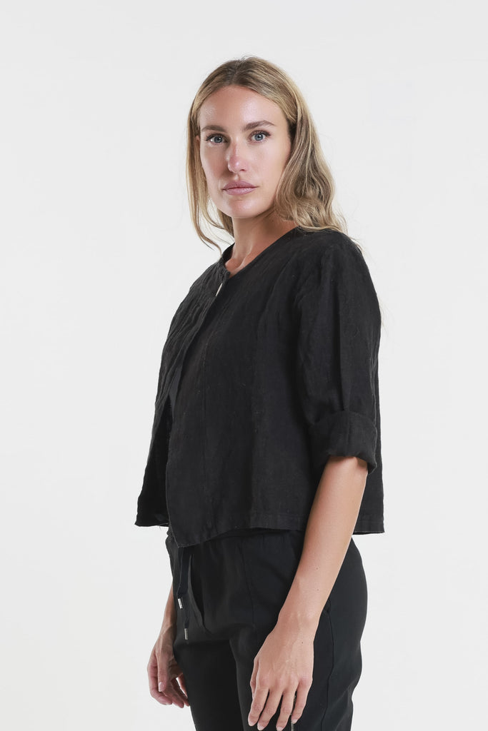 JQ115 001 Black Keri Single Button Linen Crop Jacket Size-3