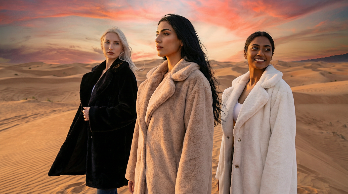 Three women standing in a desert landscape with a colorful sky.