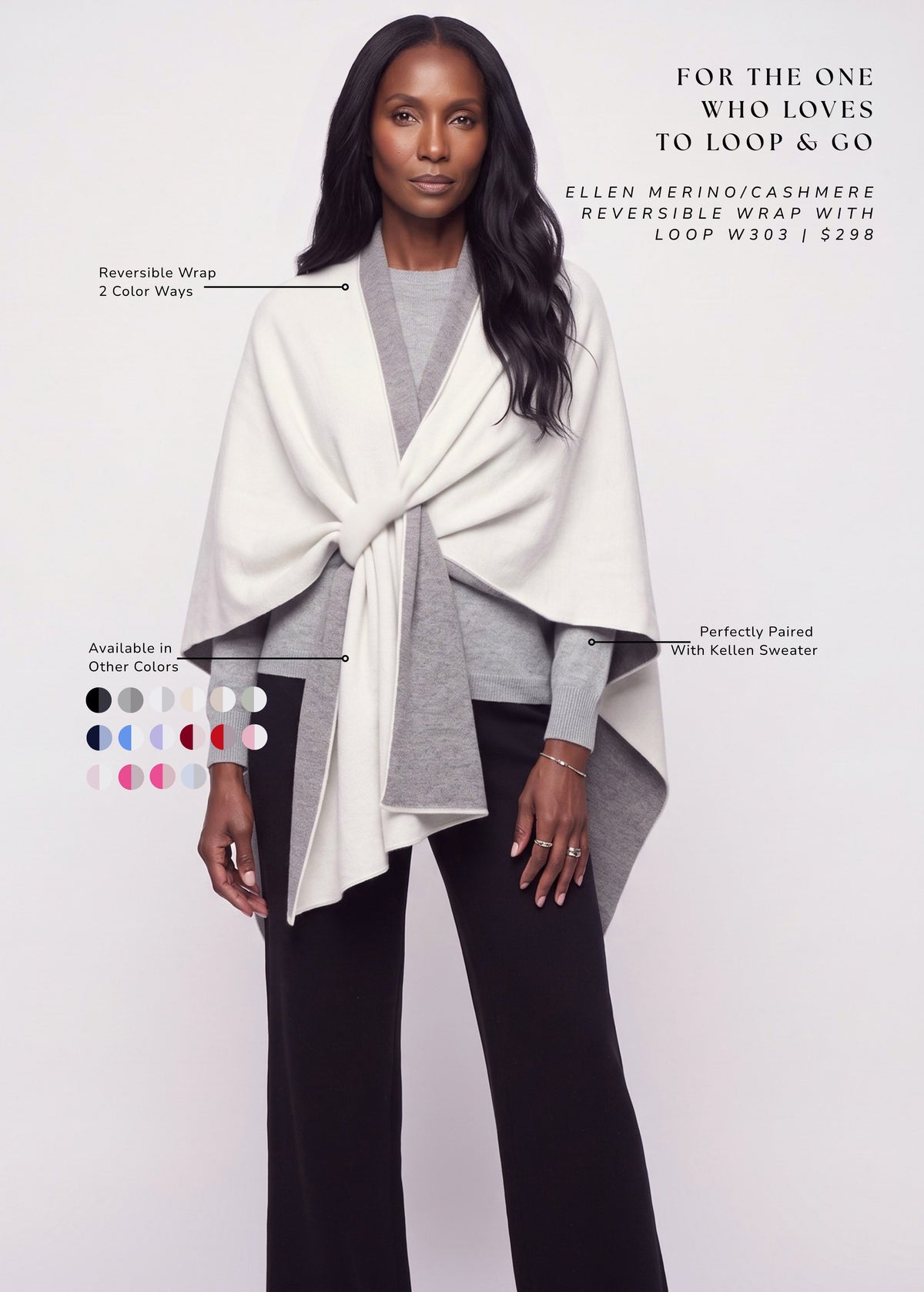 Ellen Merino/Cashmere Reversible Wrap with Loop (W303)