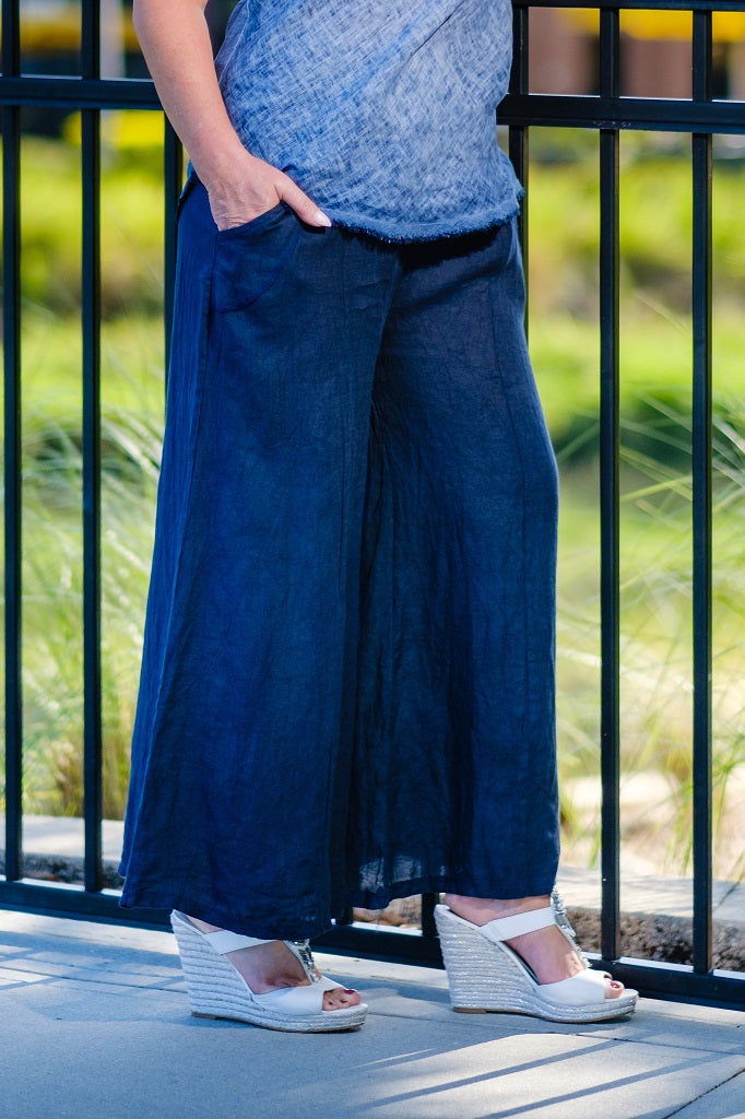 PL120-409 Navy Emmie Linen Palazzo Pant
