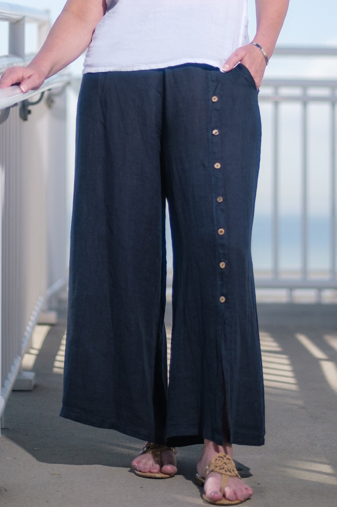 PL135-409 Navy Gracelynn Button Detail Linen Pant
