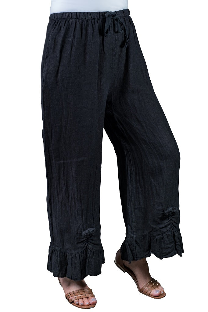 PL158-001 Black Desiree Rosette Ankle Linen Pant