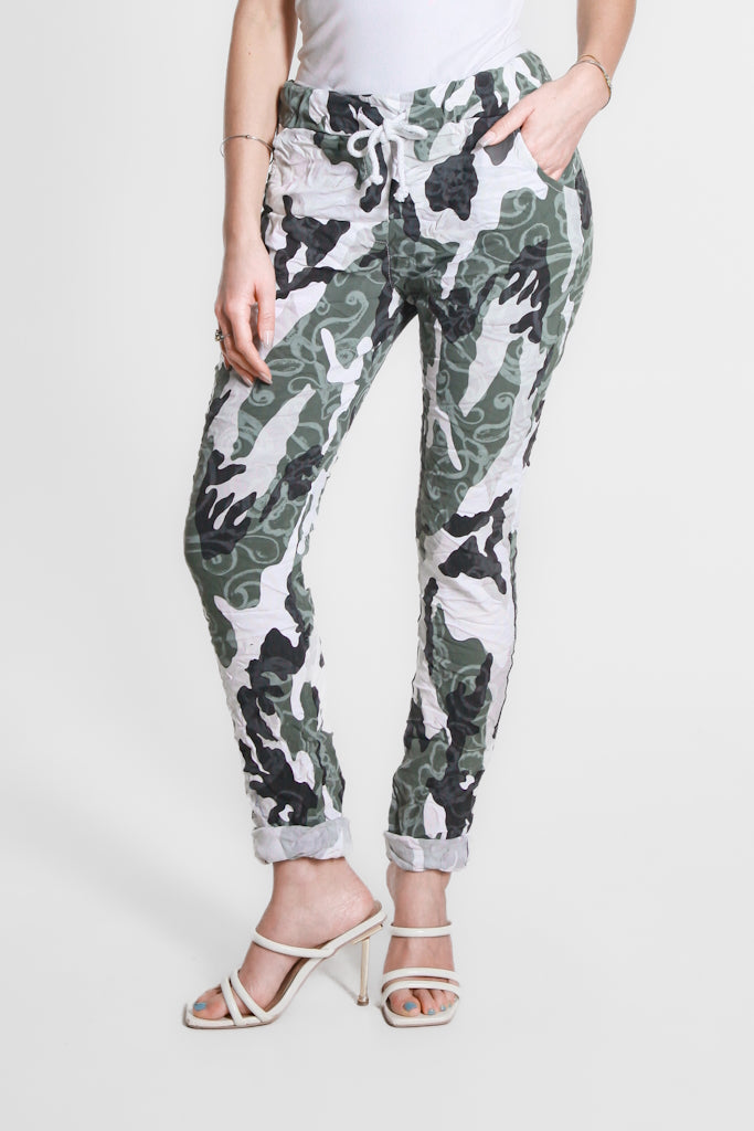 PL160A-100 White Abstract Camo Collins Stretch Tie Waist Pant