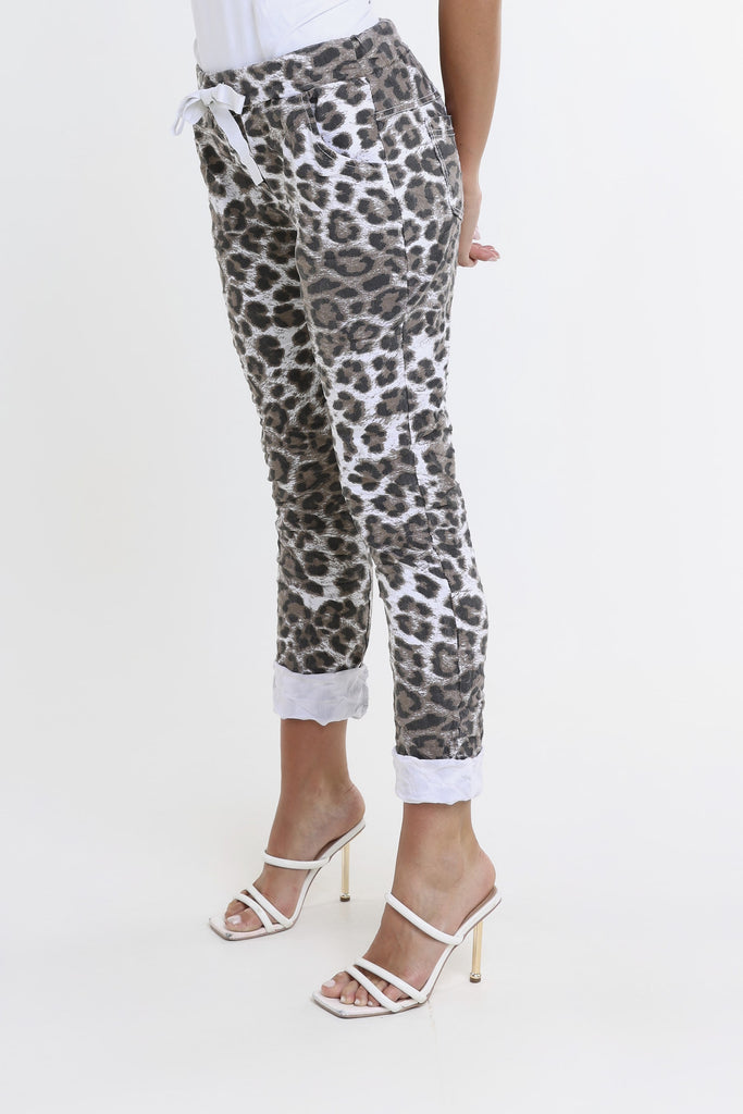 PL160D 100 White Leopard Collins Stretch Tie Waist Pant-3