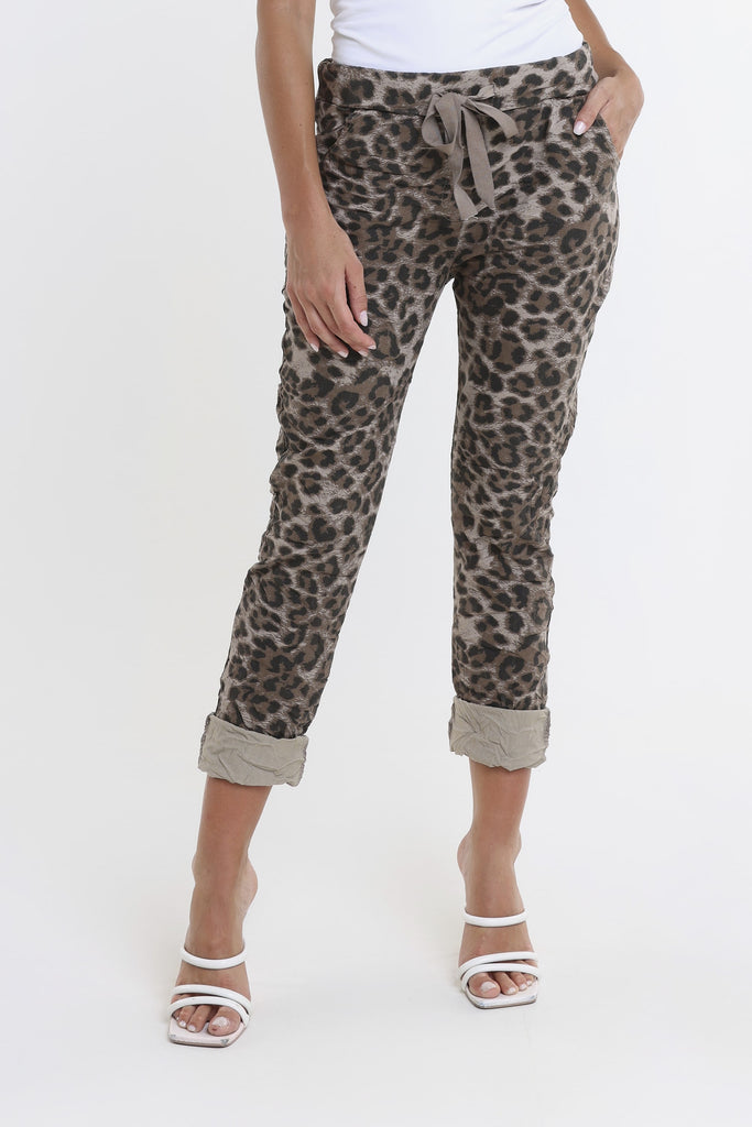 PL160D 210 Taupe Leopard Collins Stretch Tie Waist Pant-1