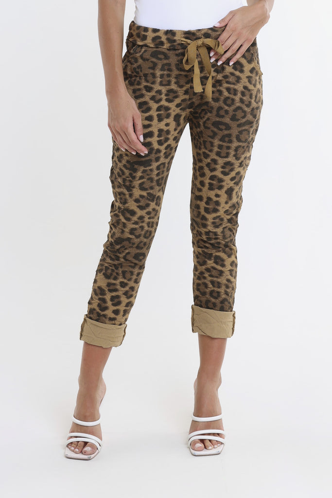 PL160D 258 Camel Leopard Collins Stretch Tie Waist Pant-1