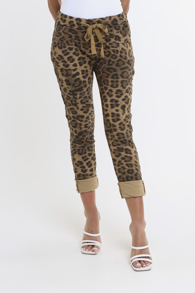 PL160D 258 Camel Leopard Collins Stretch Tie Waist Pant-2