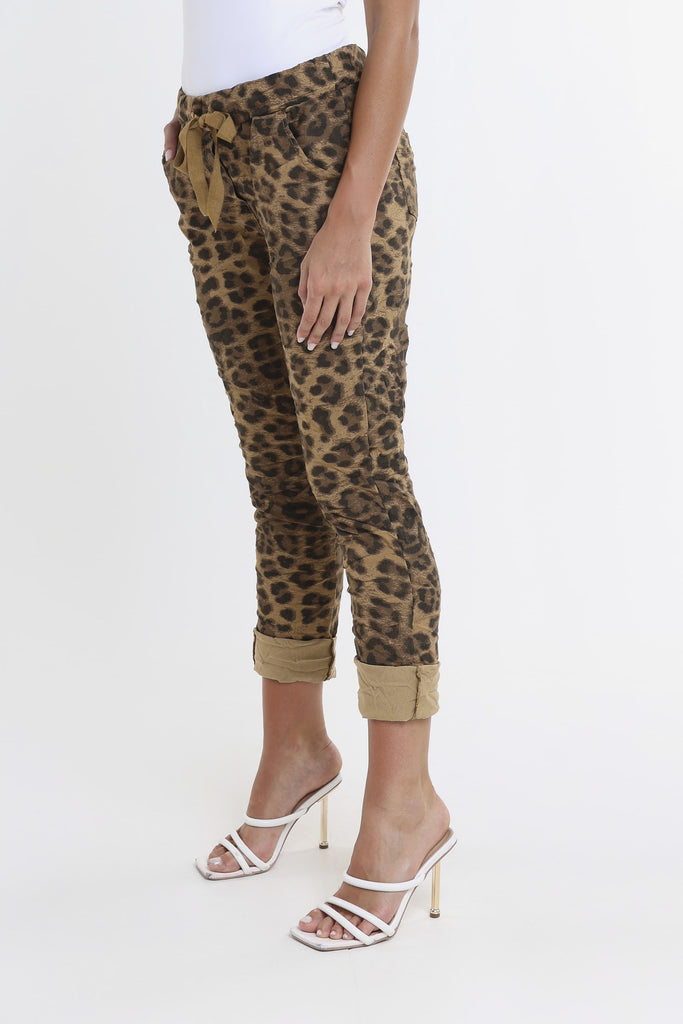 PL160D 258 Camel Leopard Collins Stretch Tie Waist Pant-3