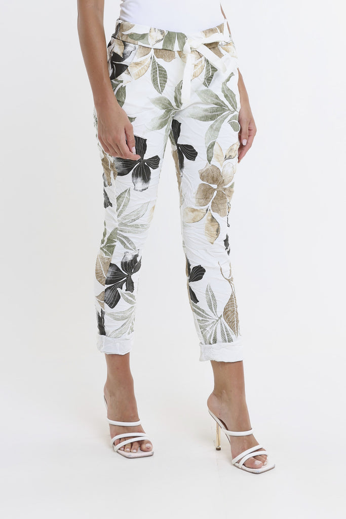 PL160E 100 White Lily Leaf Collins Stretch Tie Waist Pant-1