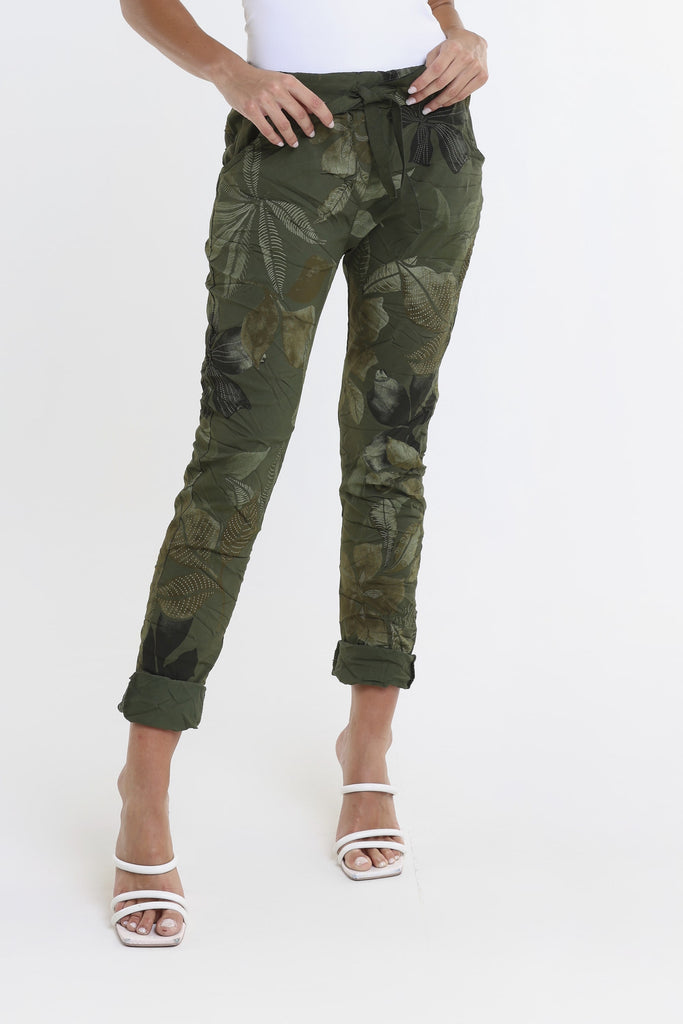 PL160E 303 Army Lily Leaf Collins Stretch Tie Waist Pant-1