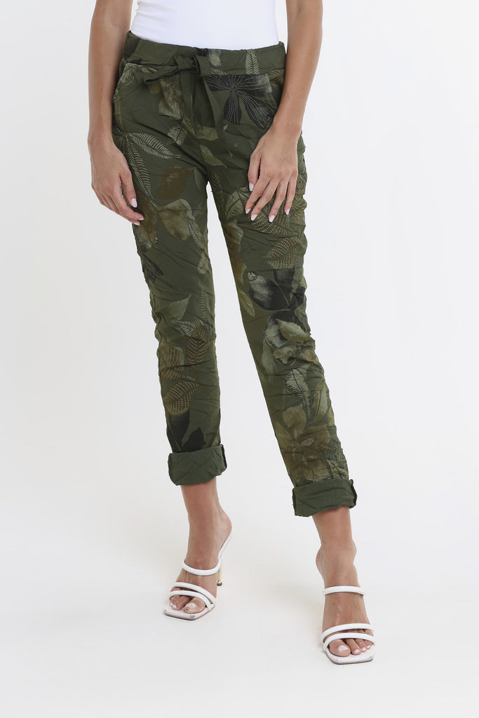 PL160E 303 Army Lily Leaf Collins Stretch Tie Waist Pant-2