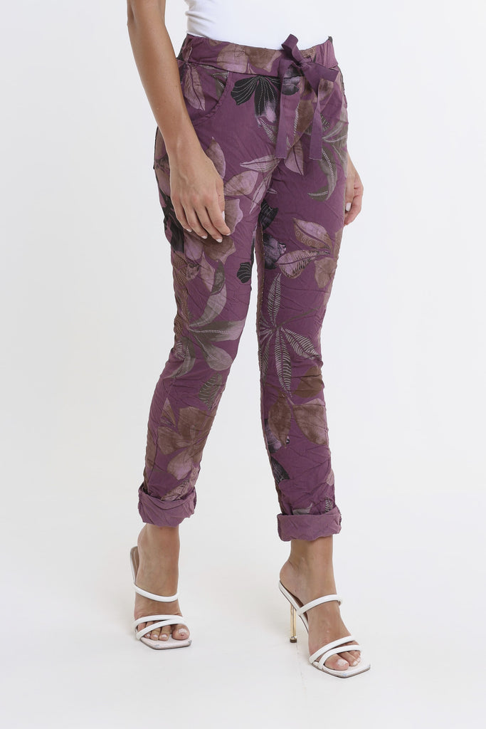 PL160E 506 Plum Lily Leaf Collins Stretch Tie Waist Pant-2