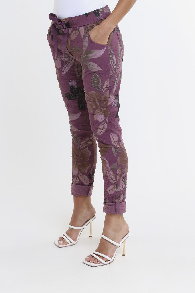 PL160E 506 Plum Lily Leaf Collins Stretch Tie Waist Pant-3