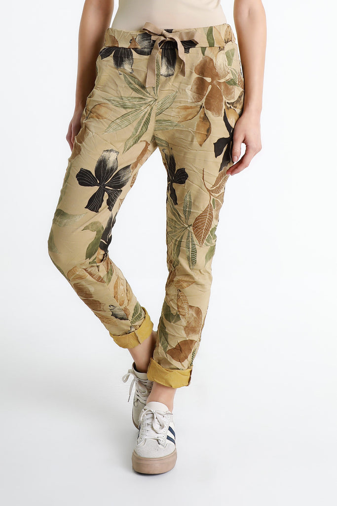 PL160E 258 Camel Lily Leaf Collins Stretch Tie Waist Pant
