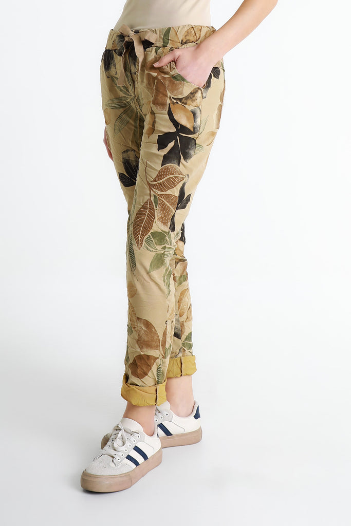 PL160E 258 Camel Lily Leaf Collins Stretch Tie Waist Pant