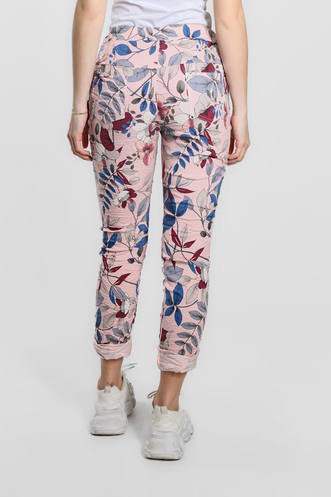 PL160L-650 Pink Lovely Leaves Collins Stretch Tie Waist Pant