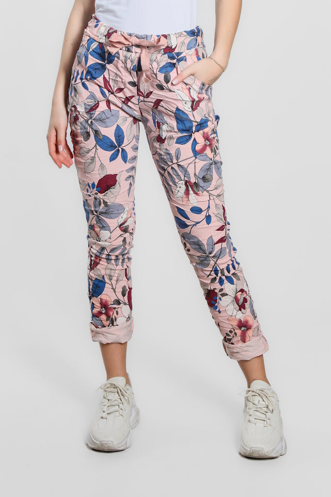 PL160L-650 Pink Lovely Leaves Collins Stretch Tie Waist Pant