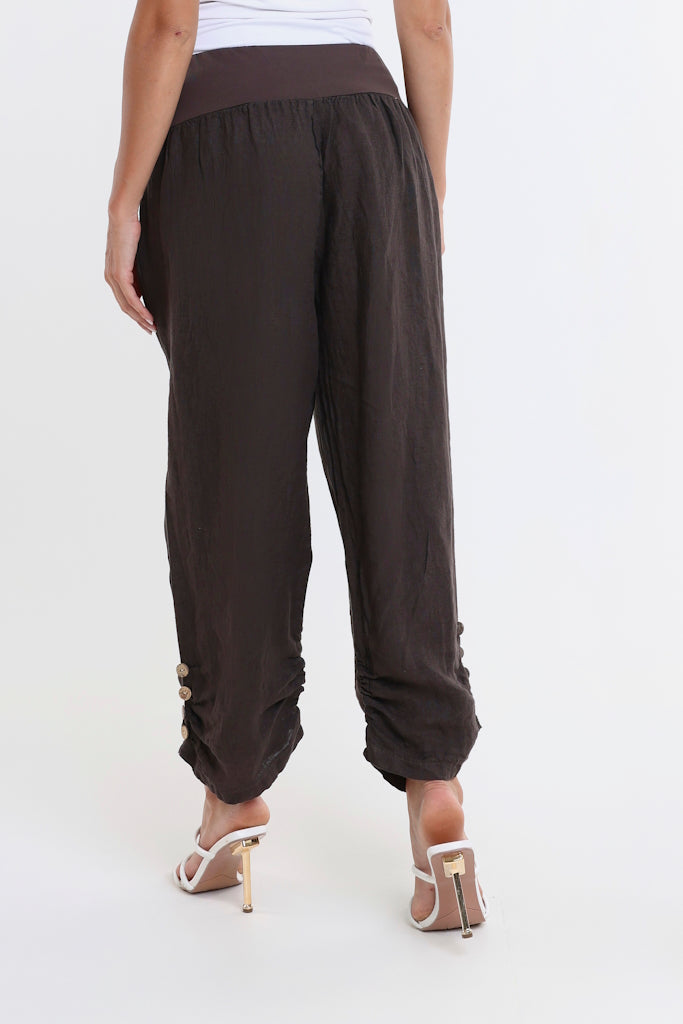 PL163-202 Espresso Georgia Button Pkt Side Ruche Linen Pant