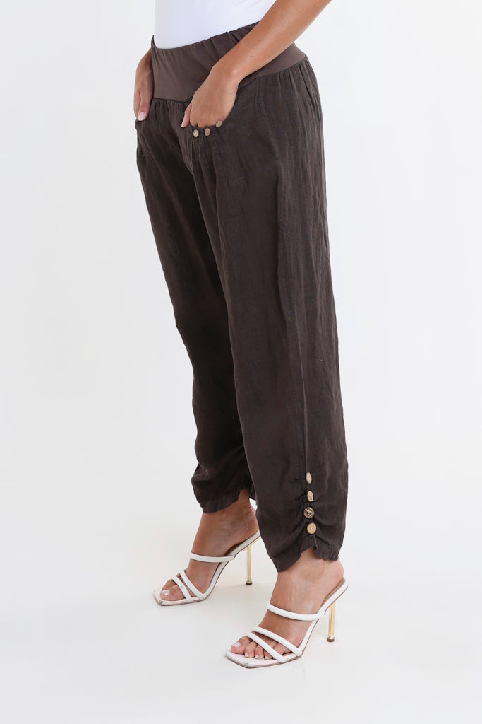 PL163-202 Espresso Georgia Button Pkt Side Ruche Linen Pant