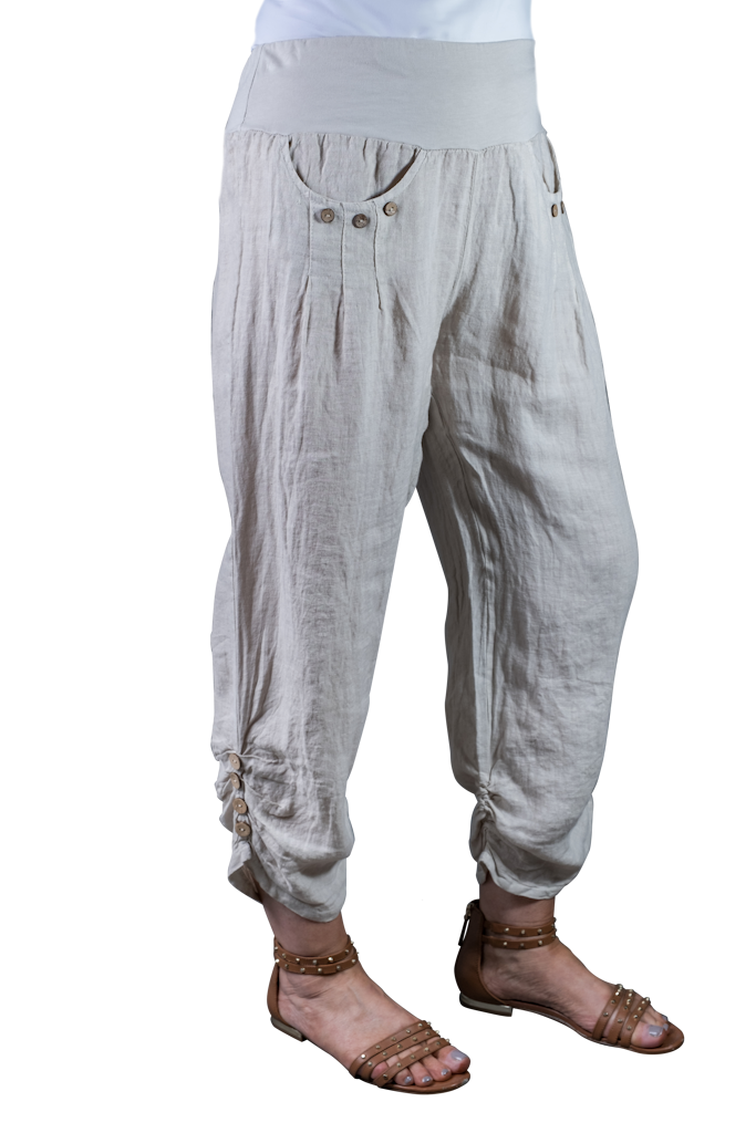 PL163-250 Beige Georgia Button Pocket Side Ruche Linen Pant